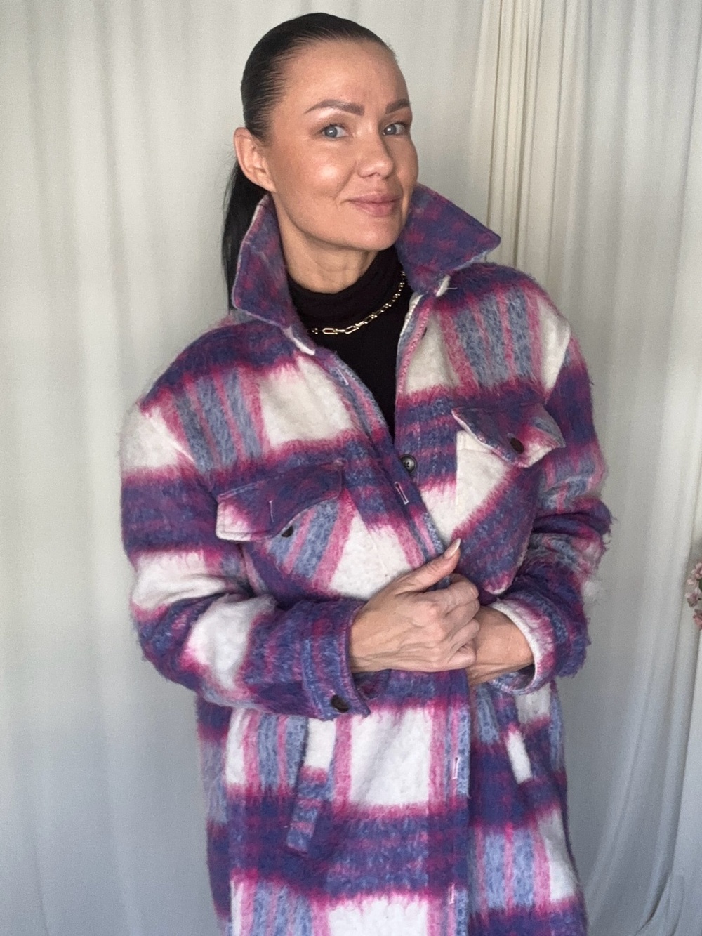 Plaid Wool-Blend Shacket Coat in Pink & Purple